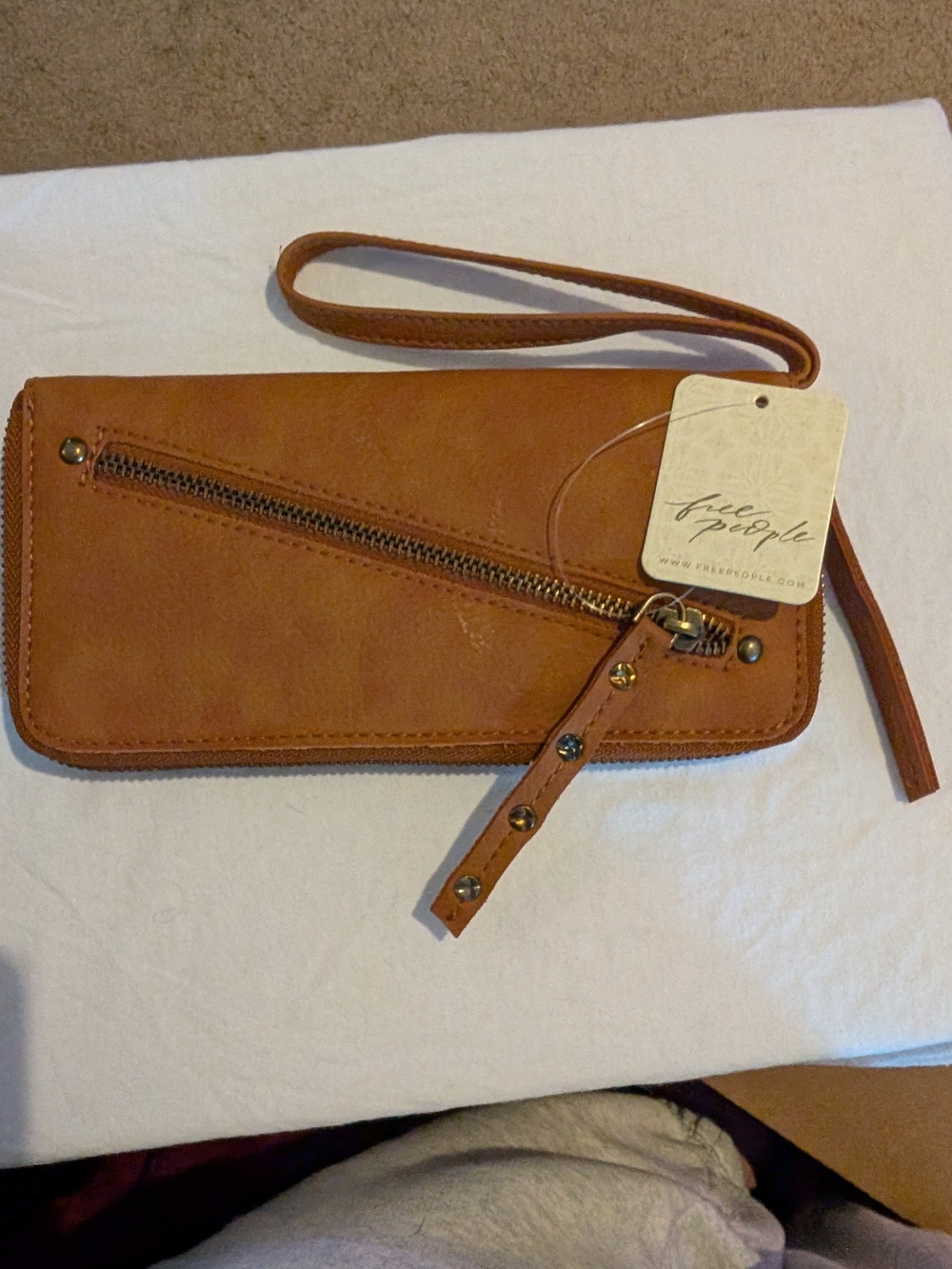 Free People Cognac Leather Wristlet Clutch with Studded Zip Pull